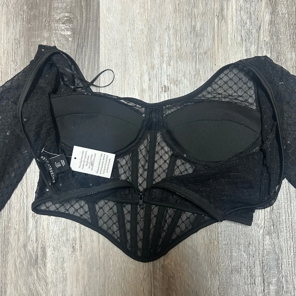NWT Sincerely Jules Sheer Long Sleeve Black Bustier Size Large